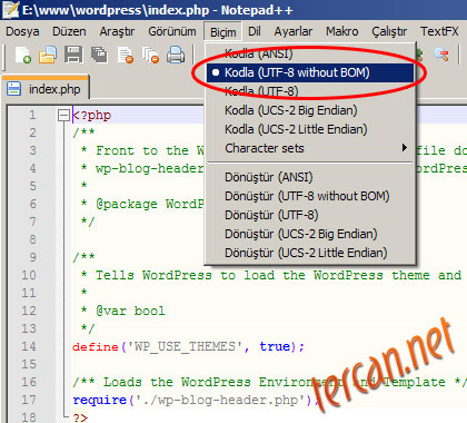 Notepad++ ile dosyayı BOM'suz UTF-8 (UTF-8 Without BOM) olarak kaydetmek